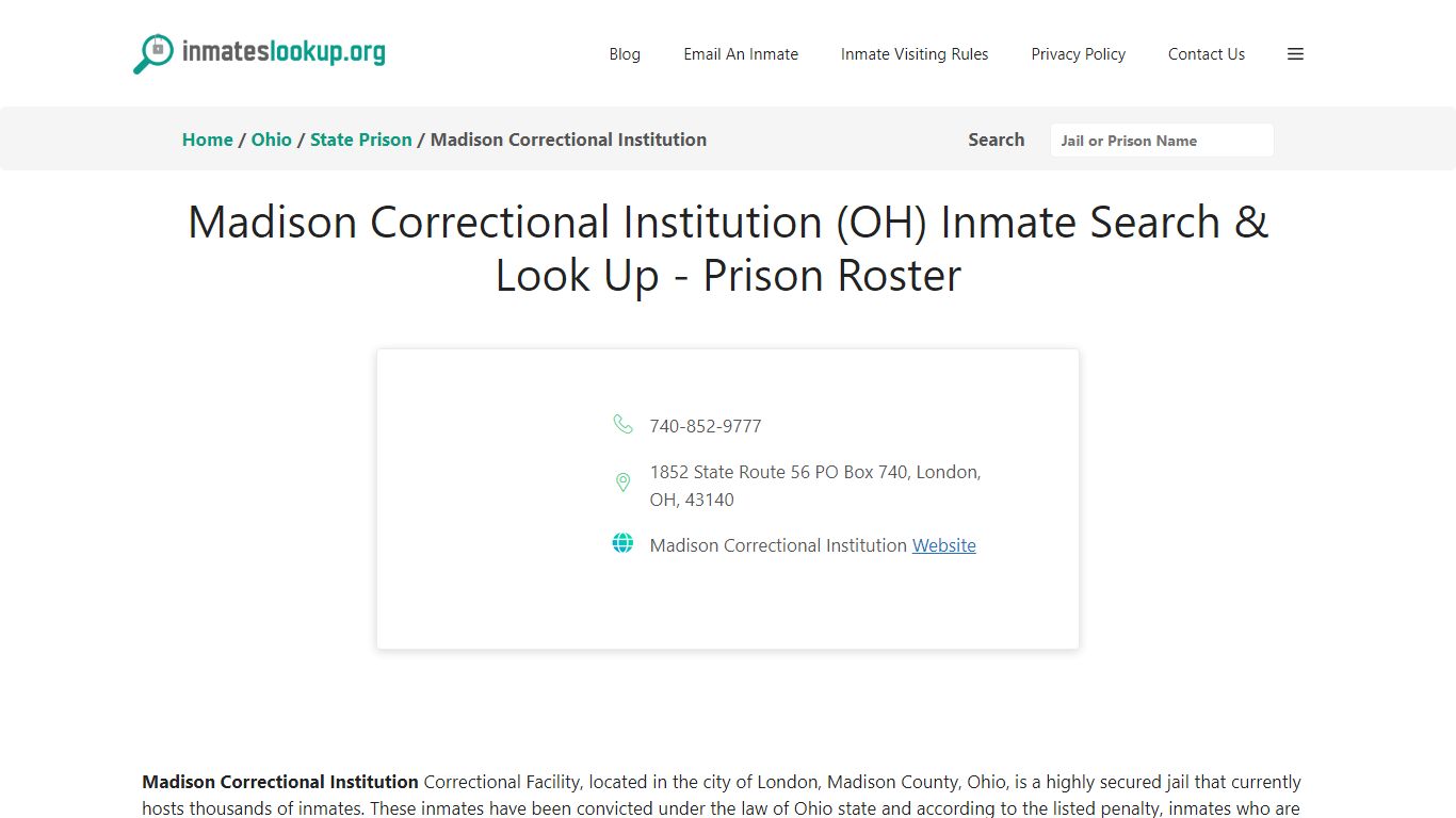 Madison Correctional Institution (OH) Inmate Search & Look Up - Prison ...